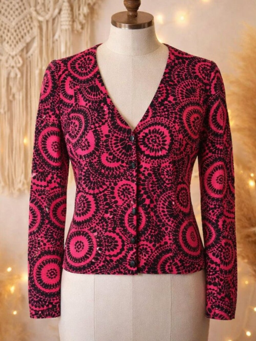INC International Concepts Beaded Knit Cardigan M Hot Pink Black Glam Bold Y2K